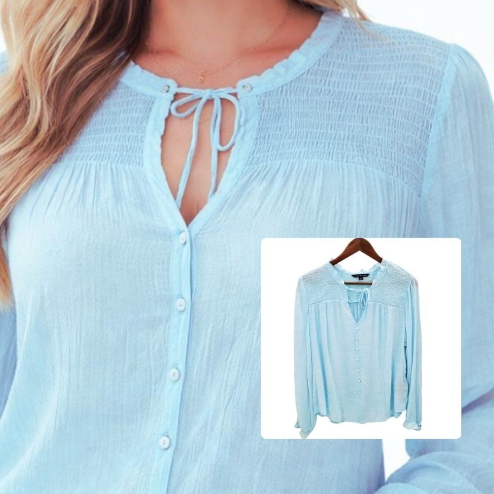 Zac & Rachel Light Blue Button-Up Smocked Yoke Blouse